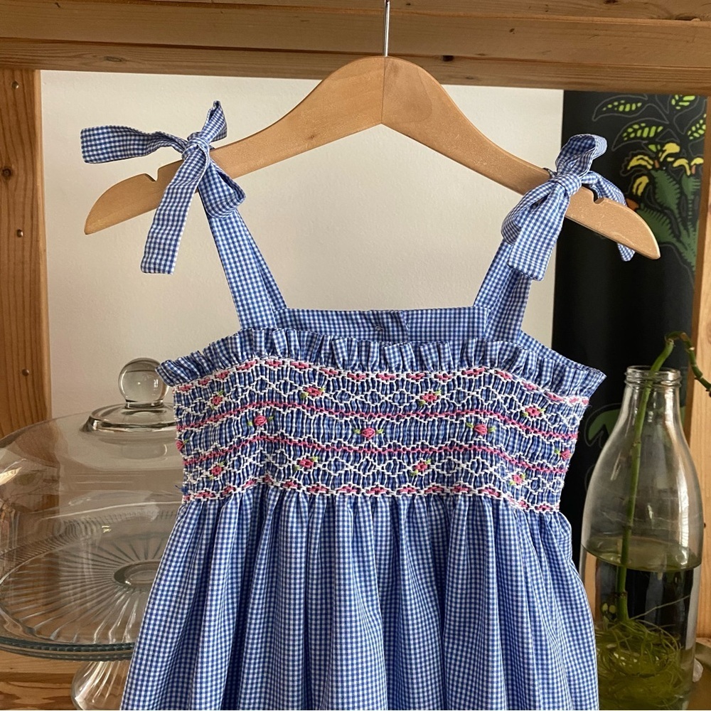 Anavini Blue White Gingham Plaid Smocked Tie Shoulder Dress 2t - Picture 7 of 12